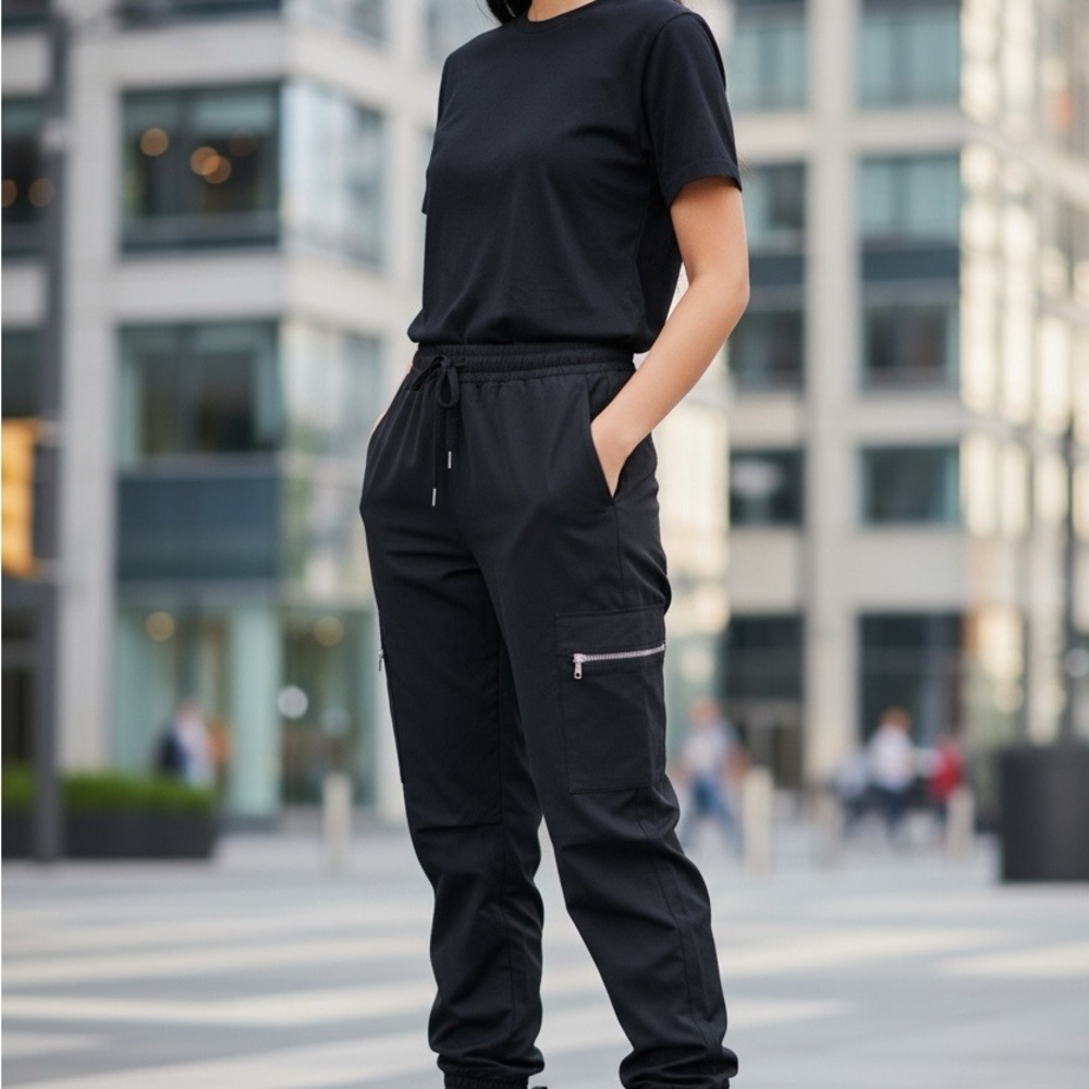 Rachel Parcell Black Silky Cargo Silver Zip Joggers S Perfect‎ Condition!